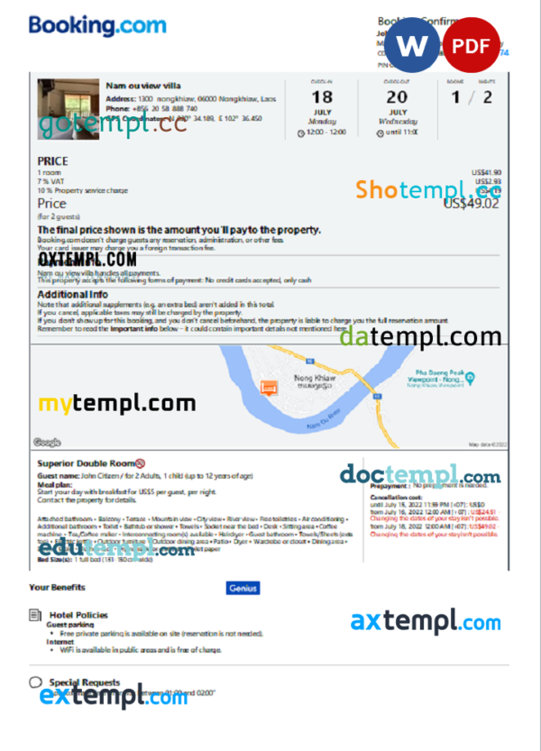 Laos hotel booking confirmation Word and PDF template, 2 pages