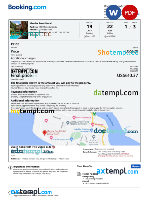 Liberia hotel booking confirmation Word and PDF template, 2 pages