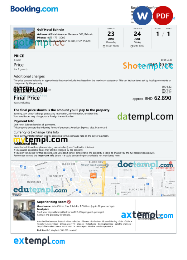 Bahrain hotel booking confirmation Word and PDF template, 2 pages