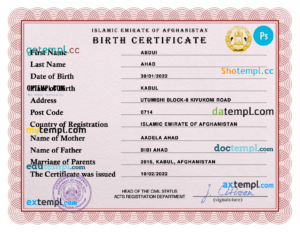 Afghanistan vital record birth certificate PSD template, completely editable