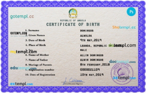 Angola vital record birth certificate PSD template, completely editable