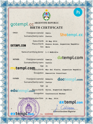 Argentina vital record birth certificate PSD template, fully editable
