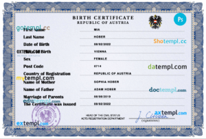 Austria vital record birth certificate PSD template, completely editable
