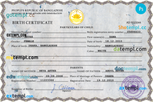Bangladesh vital record birth certificate PSD template