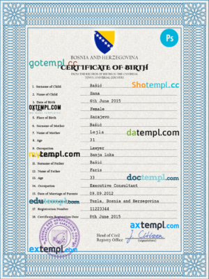 Bosnia and Herzegovina birth certificate PSD template, completely editable