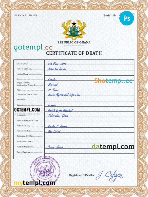 Ghana vital record death certificate PSD template, completely editable