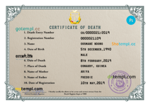 Guinea death certificate PSD template, completely editable