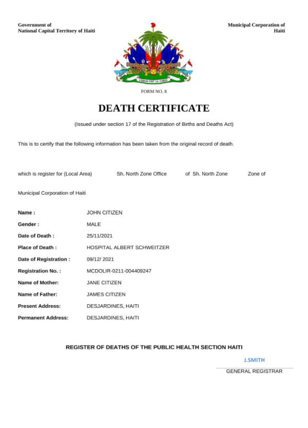Haiti death certificate Word and PDF template, completely editable