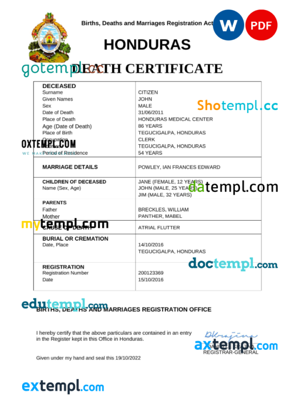 Honduras vital record death certificate Word and PDF template