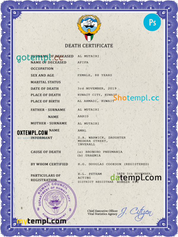Kuwait vital record death certificate PSD template