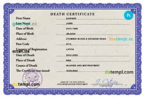 Latvia death certificate PSD template, completely editable
