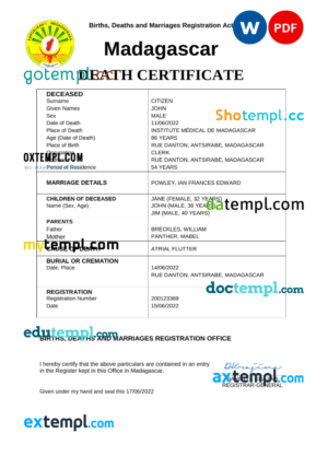 Madagascar vital record death certificate Word and PDF template