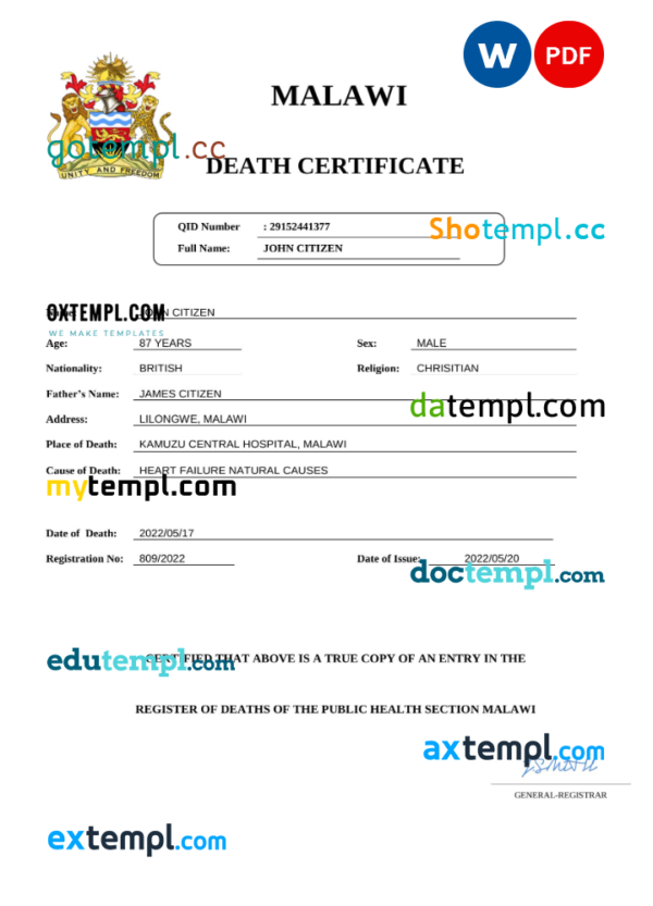 Malawi vital record death certificate Word and PDF template