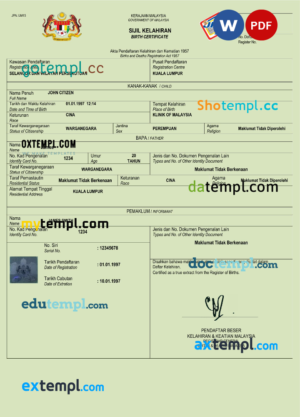 Malaysia birth certificate Word and PDF template, completely editable