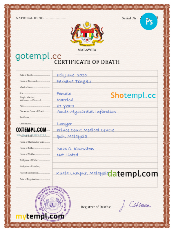 Malaysia death certificate PSD template, completely editable