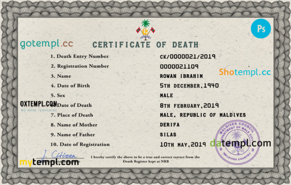 Maldives vital record death certificate PSD template, completely editable