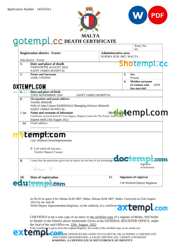 Malta death certificate Word and PDF template, completely editable
