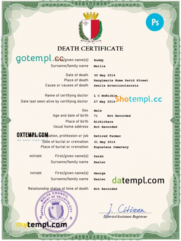 Malta vital record death certificate PSD template