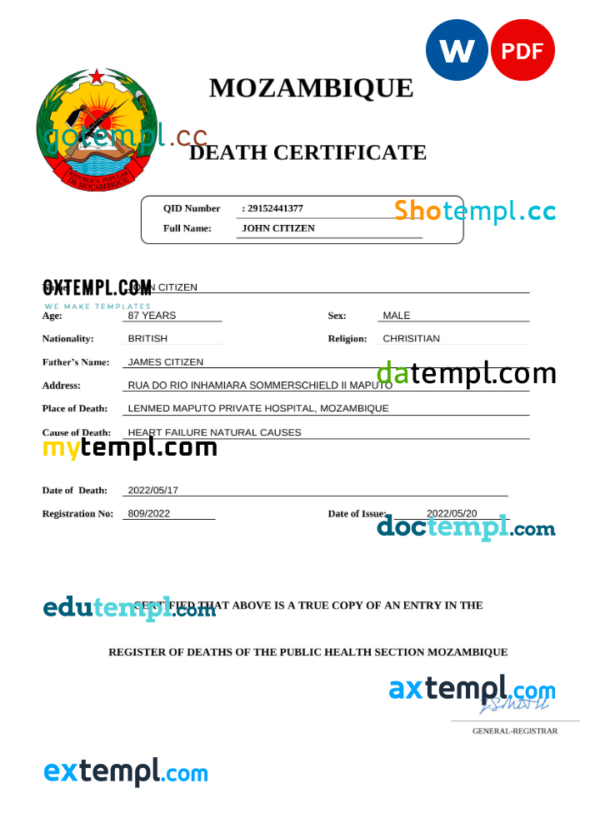 Mozambique vital record death certificate Word and PDF template