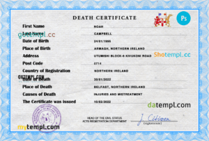Northern Ireland death certificate PSD template, completely editable