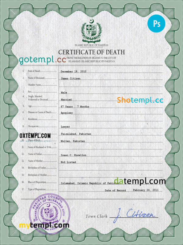 Pakistan vital record death certificate PSD template