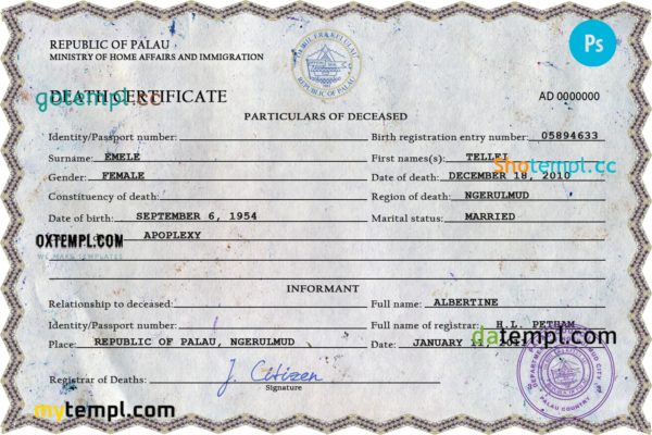 Palau death certificate PSD template, completely editable