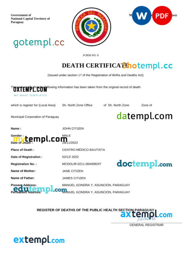 Paraguay death certificate Word and PDF template, completely editable