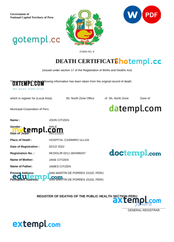 Peru vital record death certificate Word and PDF template