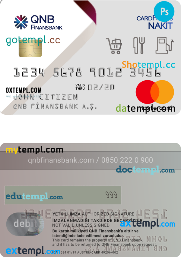 Turkey QNB Finansbank PSD credit card template, completely editable