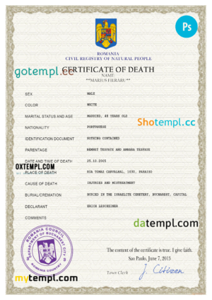 Romania death certificate PSD template, completely editable