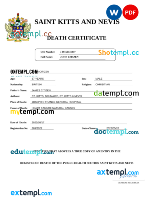 Saint Kitts and Nevis vital record death certificate Word and PDF template