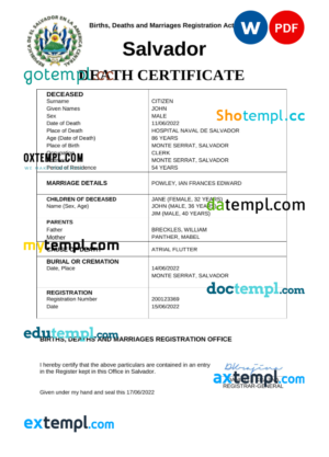 Salvador vital record death certificate Word and PDF template