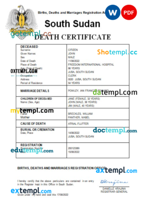 South Sudan vital record death certificate Word and PDF template
