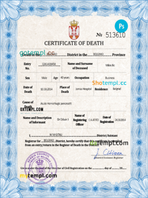 Serbia death certificate PSD template, completely editable