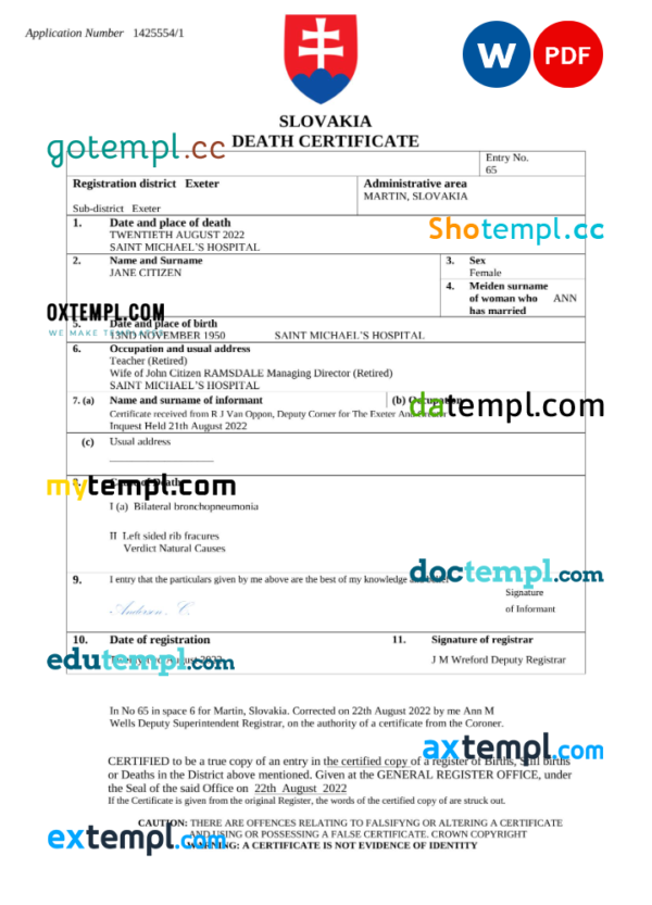 Slovakia death certificate Word and PDF template, completely editable