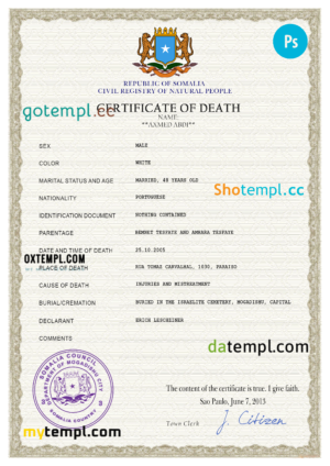 Somalia vital record death certificate PSD template, completely editable