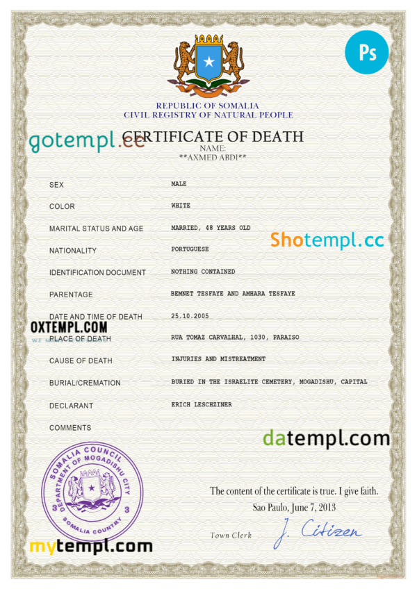 Somalia vital record death certificate PSD template, completely editable