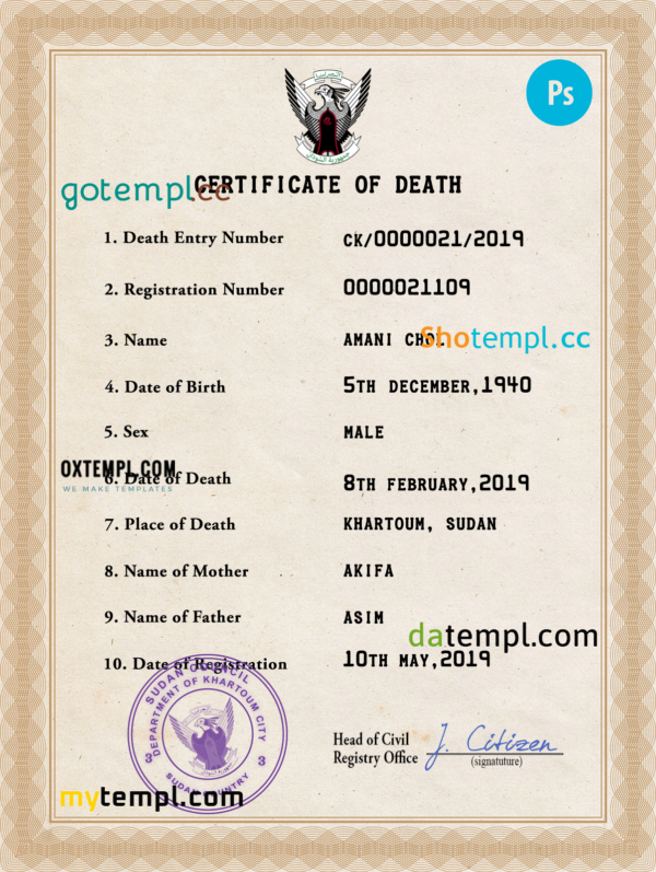 Sudan death certificate PSD template, completely editable