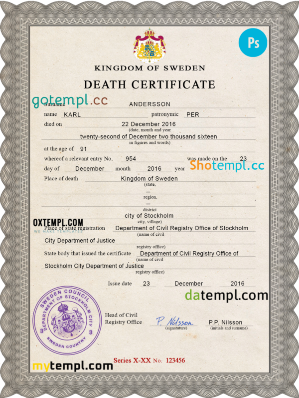 Sweden vital record death certificate PSD template, fully editable