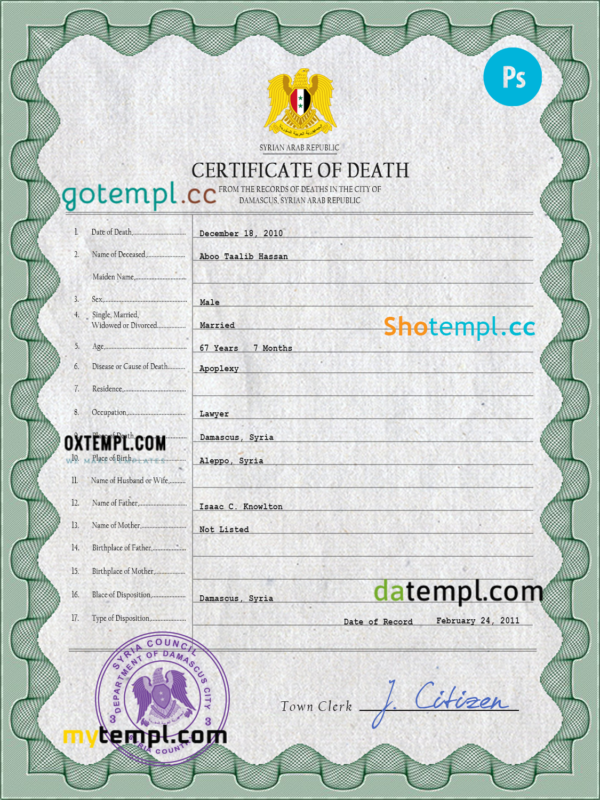 Syria vital record death certificate PSD template