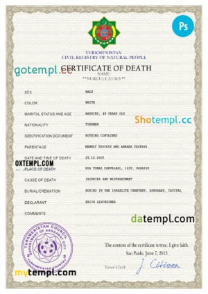Turkmenistan death certificate PSD template, completely editable