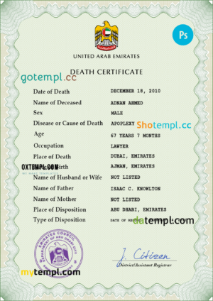 United Arab Emirates vital record death certificate PSD template, completely editable