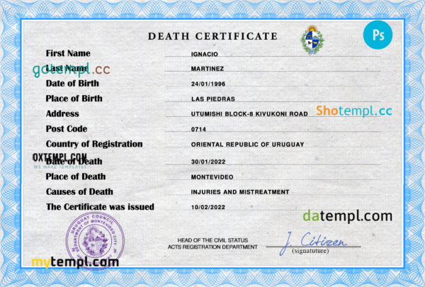 Uruguay vital record death certificate PSD template, fully editable
