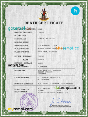 Vanuatu vital record death certificate PSD template, completely editable