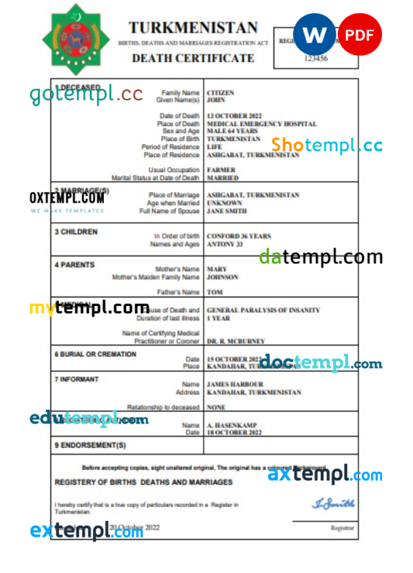 Turkmenistan death certificate Word and PDF template, completely editable