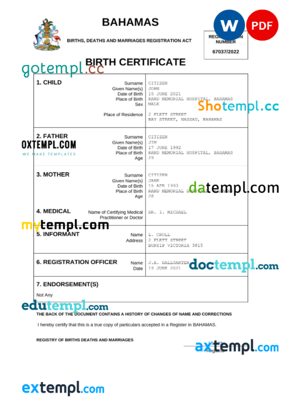 Bahamas vital record birth certificate Word and PDF template, completely editable