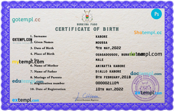 Burkina Faso vital record birth certificate PSD template, fully editable