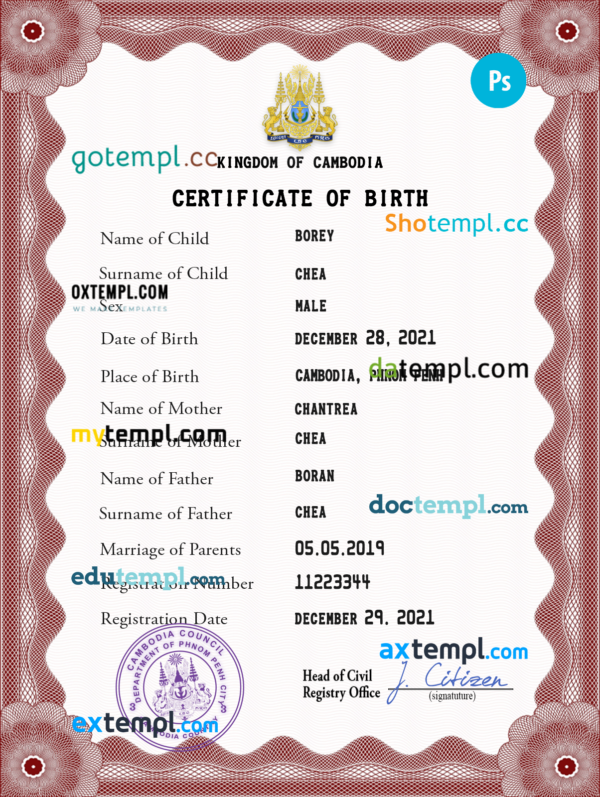 Cambodia birth certificate PSD template, completely editable