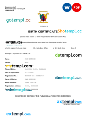 Cameroon vital record birth certificate Word and PDF template, completely editable