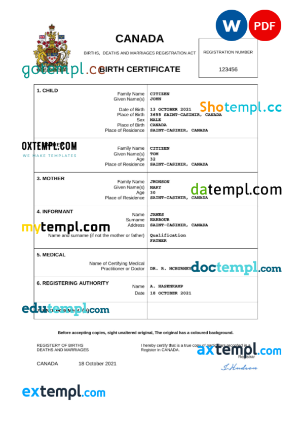 Canada birth certificate Word and PDF template, completely editable